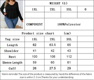 Size guide for women's plus size V-neck top with measurements in cm for 1XL, 2XL and 3XL sizes