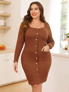 Slim fit brown ribbed knit long sleeve dress with square neck and pearl buttons