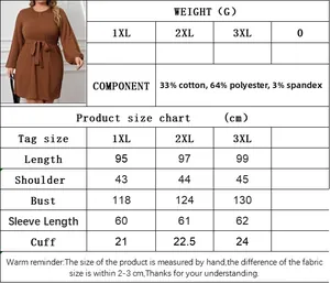 Detailed size chart for plus size puff sleeve A-line dress with fabric specifications