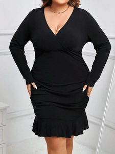 Women Plus Size Black V Neck Long Sleeve Ruched Bodycon Dress Elegant Ruffle Mermaid Hem Sexy Party Mini Dress
