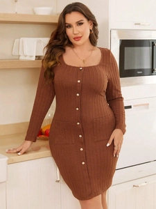 Brown knit plus size slim fit dress with square neck, pearl buttons and side pockets