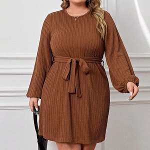 Close-up of brown long sleeve dress with vertical stripe texture and bow waistband detail
