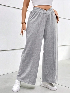 Pantalon de sport large femme gris clair à taille haute avec ceinture élastique croisée