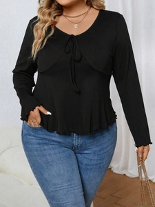 Plus Size Women V Neck Long Sleeve T-Shirt Ribbed Knit Tie Front Lettuce Edge Detail Casual Solid Color Black Top