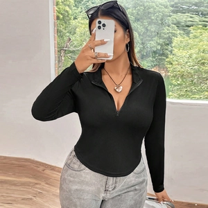 Maglietta da Donna Taglie Forti in Maglia a Costine a Maniche Lunghe con Mezza Zip Slim Fit Tinta Unita Crop Top Sexy Streetwear