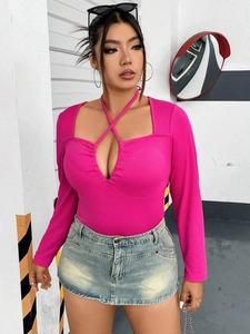 Body sexy fucsia a maniche lunghe con scollo all'americana e trama a costine