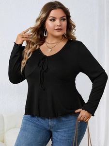 Plus size black V-neck long sleeve T-shirt with ribbed knit and lettuce edge hem