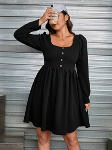 Elegant plus size black long sleeve dress with vintage square neck and button details