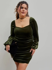 Robe Midi Moulante en Velours à Col Carré Sexy Grandes Tailles Manches Longues Bouffantes Dos Nu pour Femme