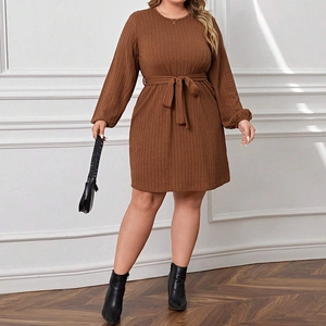 Detail of brown knit A-line dress with puff sleeves and adjustable waist belt