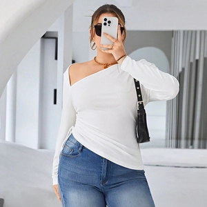 White ribbed knit off-shoulder long sleeve top with asymmetric drawstring ruching