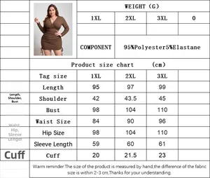 Detailed size chart for women's V-neck bodycon dress with measurements from 1XL to 3XL