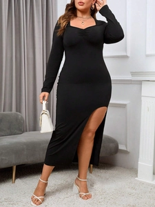 Robe Moulante Grande Taille pour Femmes Manches Longues Décolleté en Cœur Plissé Fente Haute Viscose Élasthanne Élégante Midi Robe