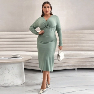 Detail of sage green ribbed midi dress with v-neck and waist twist knot design