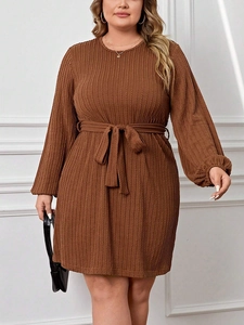 Plus Size Women Long Sleeve Ribbed Knit Dress Round Neck Puff Sleeve A-Line Midi Dress With Waist Tie Bow Elegant Commute Outfit