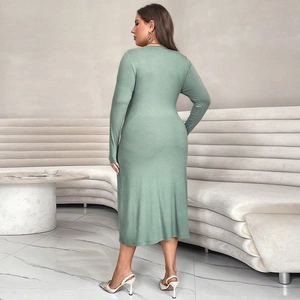 Elegant sage green ribbed knit fishtail midi dress with long sleeves for curvy women