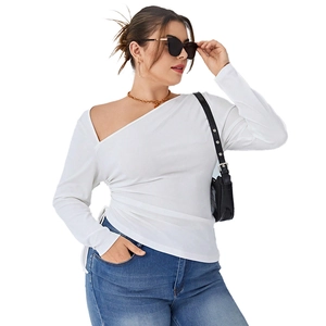 Elegant white plus size off-shoulder long sleeve top with asymmetric ruching details