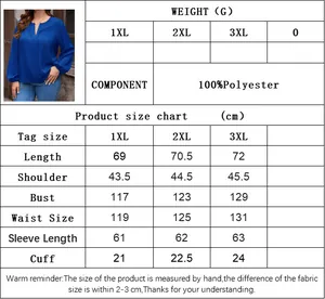 Detailed size chart for women's V-neck long sleeve top showing 1XL to 3XL measurements