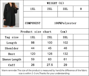 Size chart for women's V-neck plus size dress showing 1XL-3XL measurements and 100% polyester fabric