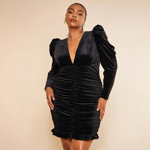 Damen Übergröße V-Ausschnitt Gerafftes Samtkleid Elegant Puffärmel Sexy Bodycon Rüschensaum Party Club Abend Minikleid