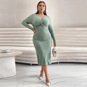 Women Plus Size Sage Green Ribbed Knit Midi Dress V-Neck Twist Knot Long Sleeve Slim Fit Casual Elegant Bodycon Dress