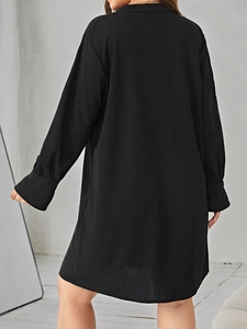 Women's V-neck long sleeve loose black casual dress with a stylish back view design