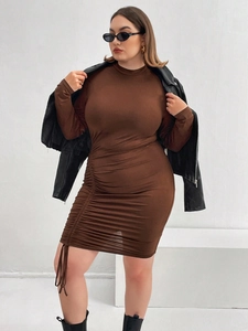 Bodycon long sleeve dress in coffee brown with side drawstring ruching and mock neck