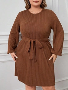 Plus size dark brown ribbed knit A-line dress with bubble sleeves and drawstring waist