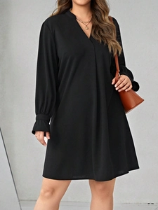 Women's black V-neck long sleeve loose casual dress with a stylish stand collar design