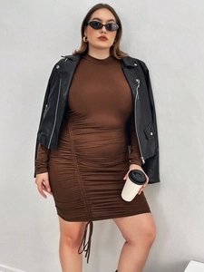 Slim fit brown ruched midi dress for women with leather jacket and long sleeves