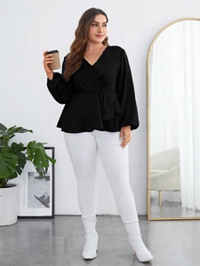 Elegant black V-neck chiffon blouse with puff sleeves and cinched ruffle waist for women