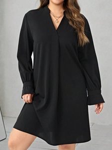 Plus Size Women's Casual V Neck Long Sleeve Dress Ruffle Cuff Solid Color Loose Fit A Line Midi Dress For Autumn Winter