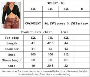 Size chart for black long sleeve crop top showing 1XL to 3XL measurements in cm