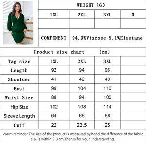 Guide des tailles pour robe grande taille col V montrant mesures 1XL-3XL et détails du tissu