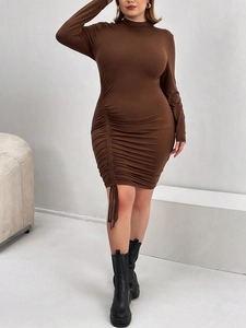 Slim fit brown long sleeve ruched mock neck dress for women with side drawstring detail