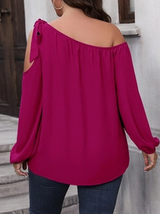 Elegant fuchsia off-shoulder plus size blouse with bow shoulder and long puff sleeves