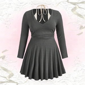 Women Plus Size Long Sleeve Dress Faux Two-Piece Halter Neck Slim Fit Knitted Polyester Spandex Solid Color Mini Dress