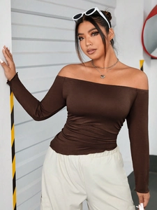 Brown off-shoulder long sleeve top with waist ruching and flattering slim fit design