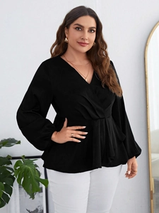 Elegant black V-neck chiffon blouse with puff sleeves and cinched waist for women