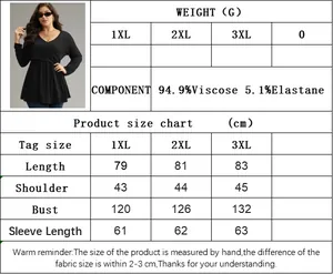 Plus size V-neck top size chart with fabric details in viscose and elastane