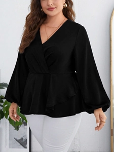 Black V-neck peplum chiffon blouse with puff sleeves and cinched waist for women