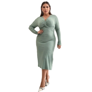 Slim fit long sleeve sage green midi mermaid dress with V-neck twist detail