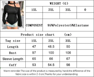 Detailed size chart for black off-shoulder long sleeve top with material specifications