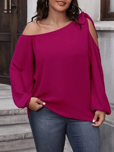 Women Plus Size Off-Shoulder Long Sleeve Top Fuchsia Bow Detail Loose Fit Casual Blouse Lantern Sleeve Streetwear Fashion