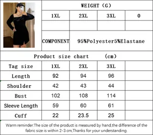 Detailed size chart for plus size square neck velvet dress featuring dimensions for 1XL-3XL