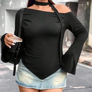 Women Plus Size Asymmetric Long Sleeve T-Shirt Cold Shoulder Halter Neck Slim Fit Sexy Ribbed Knitted Crop Top Streetwear