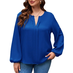 Women's royal blue V-neck long sleeve chiffon blouse with lantern sleeves and front pleat