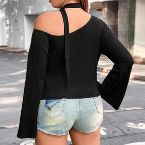 Slim fit black off-shoulder choker top with long flared sleeves and ribbed texture