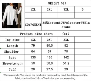Size chart for women's plus size long sleeve top with detailed measurements and fabric info