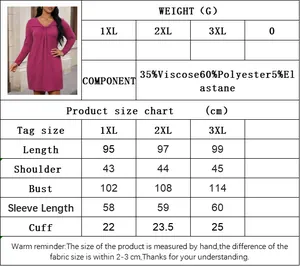 Detaillierte Größentabelle für das Plus-Size Strickkleid mit V-Ausschnitt und Materialinfo